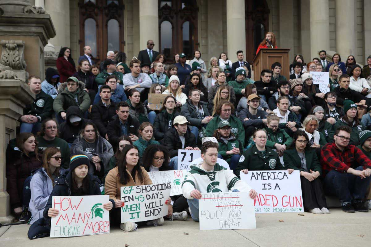 Students from Michigan State University gathered on the steps of the Capitol Building in downtown Lansing on Feb. 20, 2023, where they rallied for more action on school safety and gun violence prevention.