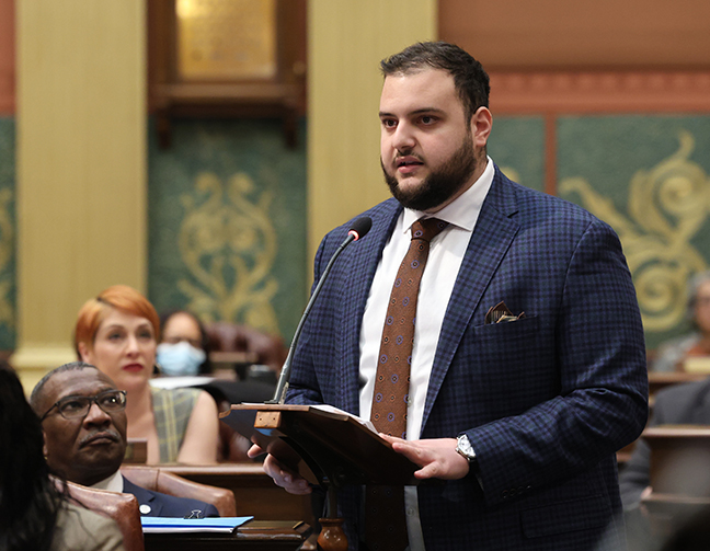 State Rep. Alabas Farhat (D-Dearborn) spoke to his resolution for Arab American Month on March 23, 2023 on the floor of the Michigan Capitol.