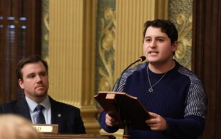 State Rep. Noah Arbit (D-West Bloomfield) speaks on behalf of the passage of House Resolution 68 to condemn antisemetic rhetoric on Thursday, March 23, 2023 at the state Capitol in Lansing.