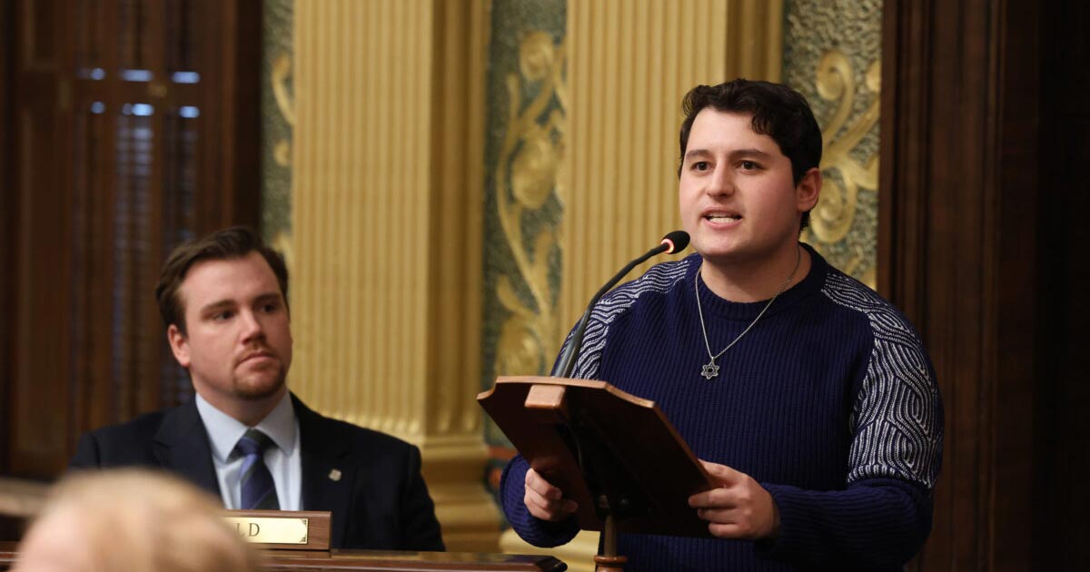 State Rep. Noah Arbit (D-West Bloomfield) speaks on behalf of the passage of House Resolution 68 to condemn antisemetic rhetoric on Thursday, March 23, 2023 at the state Capitol in Lansing.