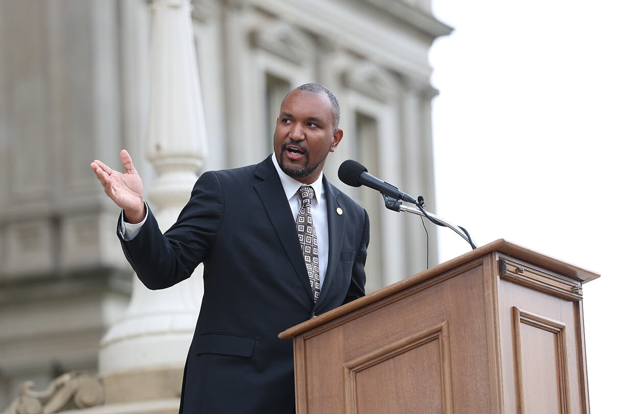 Rep. Jimmie Wilson Jr. addressing the crowd at the 'Good Time' Credits to Incarcerated Individuals press conference on the Capitol steps.