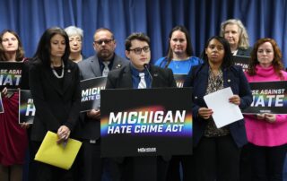 State Representative Noah Arbit (D-West Bloomfield) announces hate crime reform legislation at a press conference on Wednesday, April 26, 2023.