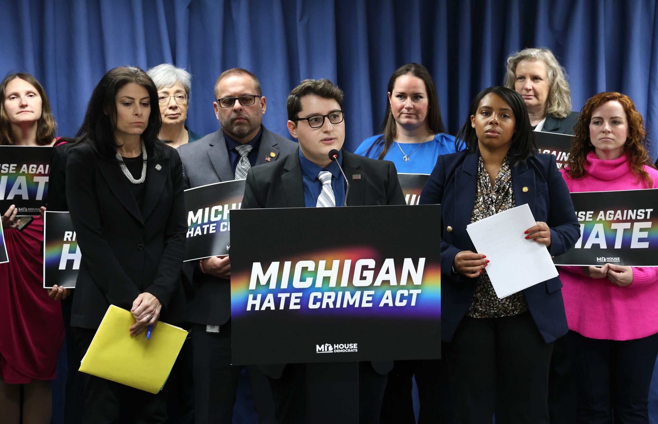 State Representative Noah Arbit (D-West Bloomfield) announces hate crime reform legislation at a press conference on Wednesday, April 26, 2023.