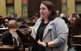 State Rep. Regina Weiss (D-Oak Park), chair of the Appropriations Subcommittee on School Aid and Education, speaks in support of the School Aid budget at the Michigan Capitol on May 10, 2023.