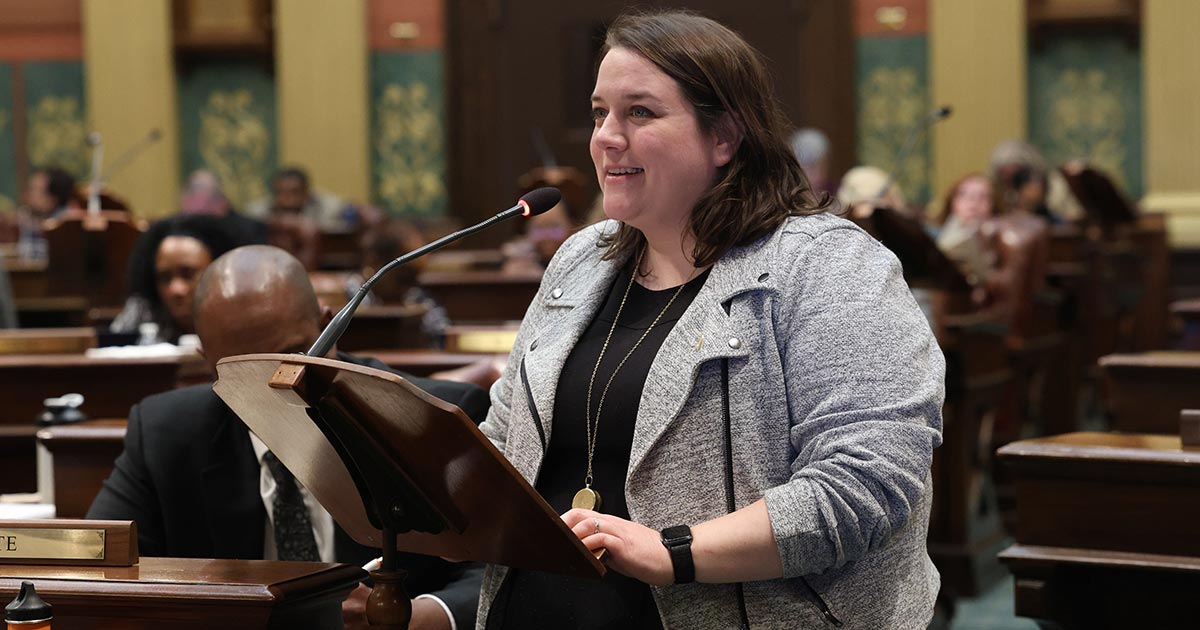 State Rep. Regina Weiss (D-Oak Park), chair of the Appropriations Subcommittee on School Aid and Education, speaks in support of the School Aid budget at the Michigan Capitol on May 10, 2023.