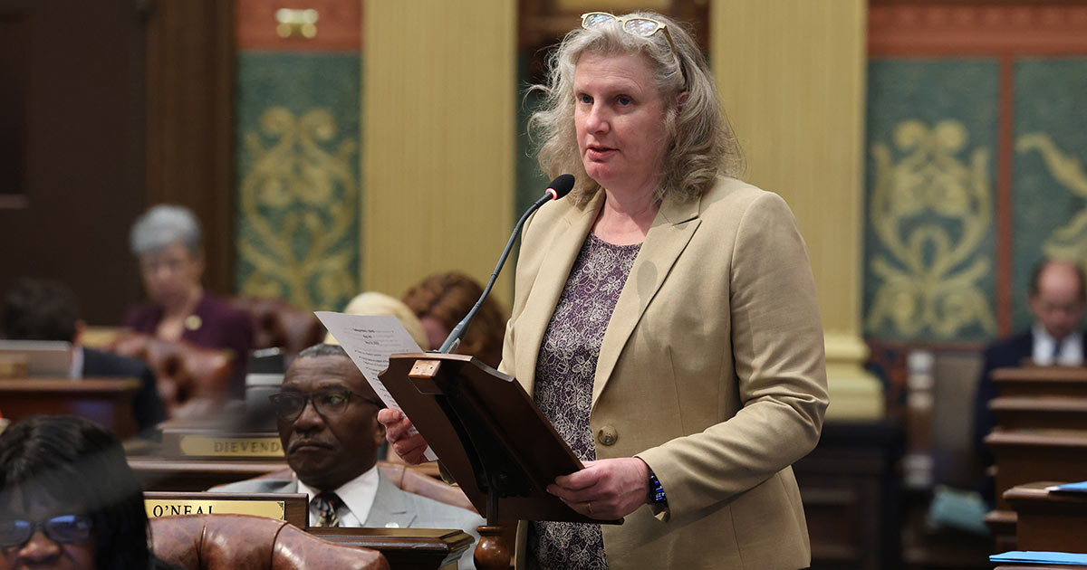 State Rep. Jenn Hill (D-Marquette) speaks in support of mental health care funding in the fiscal year 2023-24 state budget at the state Capitol on May 10, 2023.