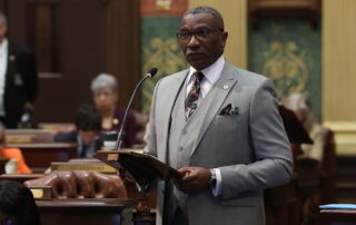 State Rep. Amos O’Neal speaks on the Corrections budget at the Michigan Capitol on Wednesday, May 10, 2023.