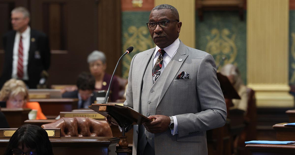State Rep. Amos O’Neal speaks on the Corrections budget at the Michigan Capitol on Wednesday, May 10, 2023.