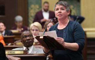 State Rep. Betsy Coffia (D-Traverse City) speaks to her resolution to add funding for affordable housing to the House's budget recommendation on Wednesday, May 10, 2023 in the state Capitol in Lansing.