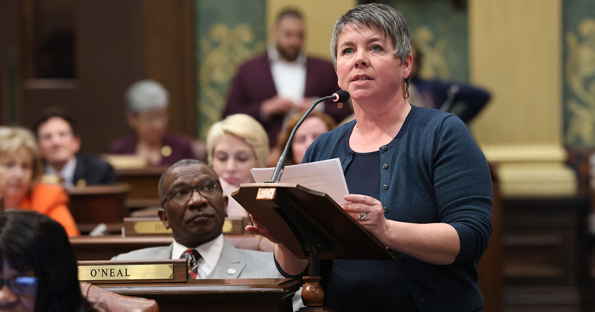 State Rep. Betsy Coffia (D-Traverse City) speaks to her resolution to add funding for affordable housing to the House's budget recommendation on Wednesday, May 10, 2023 in the state Capitol in Lansing.
