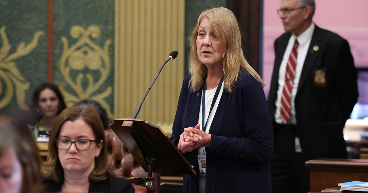 State Rep. Denise Mentzer speaks on the House Floor. Wednesday, May 10, 2023.