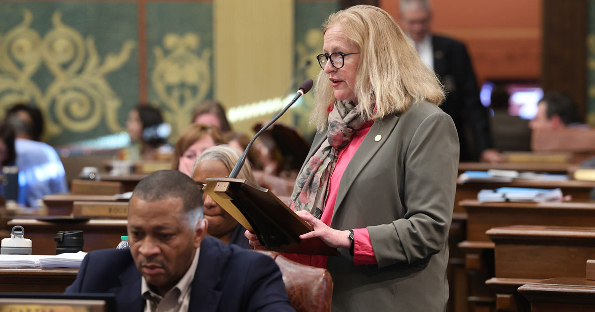 State Rep. Jennifer Conlin (D-Ann Arbor Township) speaks on the Department of Military and Veterans Affairs budget at the Michigan Capitol on Wednesday, May 10, 2023.