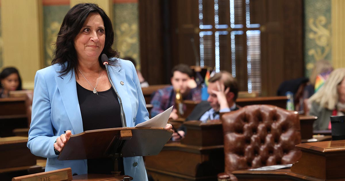 State Rep. Angela Witwer (Delta Township), chair of the House Appropriations Committee, speaks in support of the fiscal year 2023-24 budget at the Capitol on May 10, 2023.