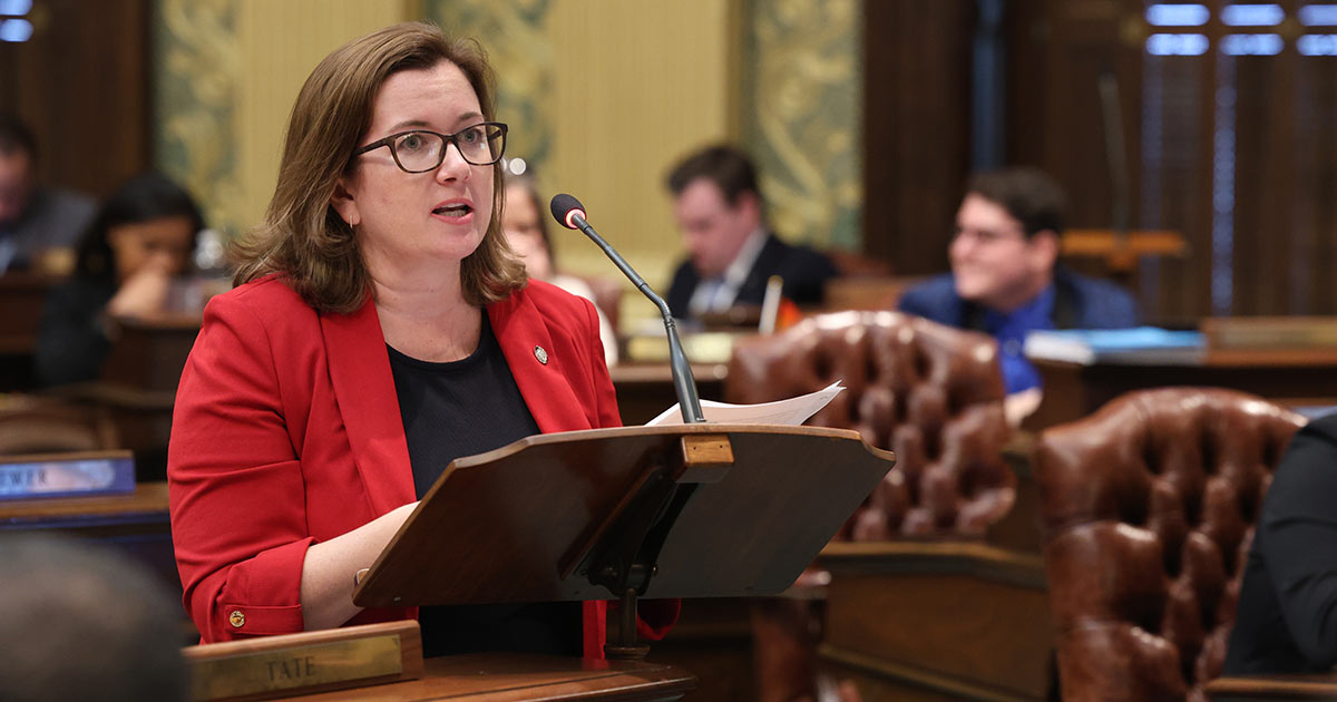 State Rep. Natalie Price (D-Berkley) speaks on the House floor during session at the state Capitol in Lansing.