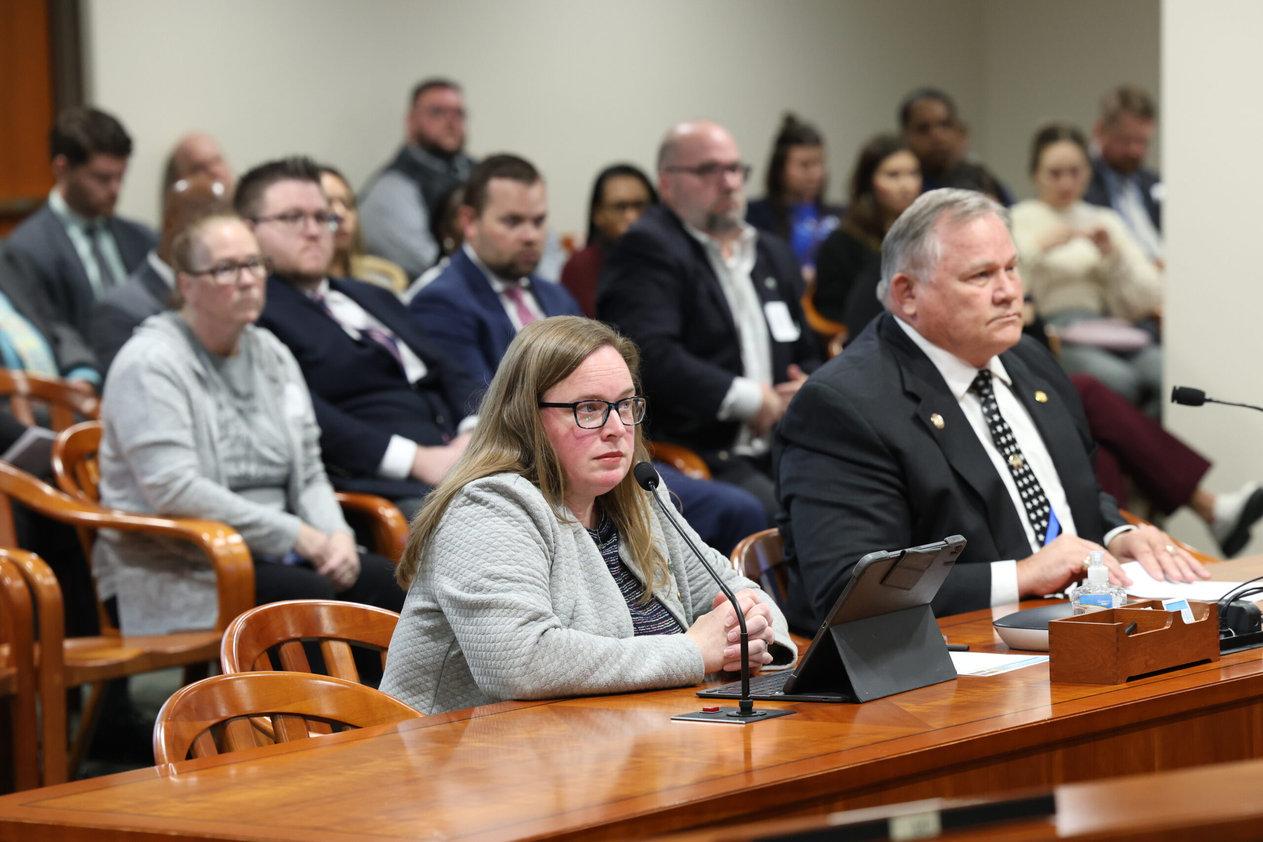 State Reps. Kelly Breen (D-Novi), left, and Bob Bezotte (R-Marion Township) testify before the House Criminal Justice Committee on their legislation to extend binding arbitration to county-level corrections officers.