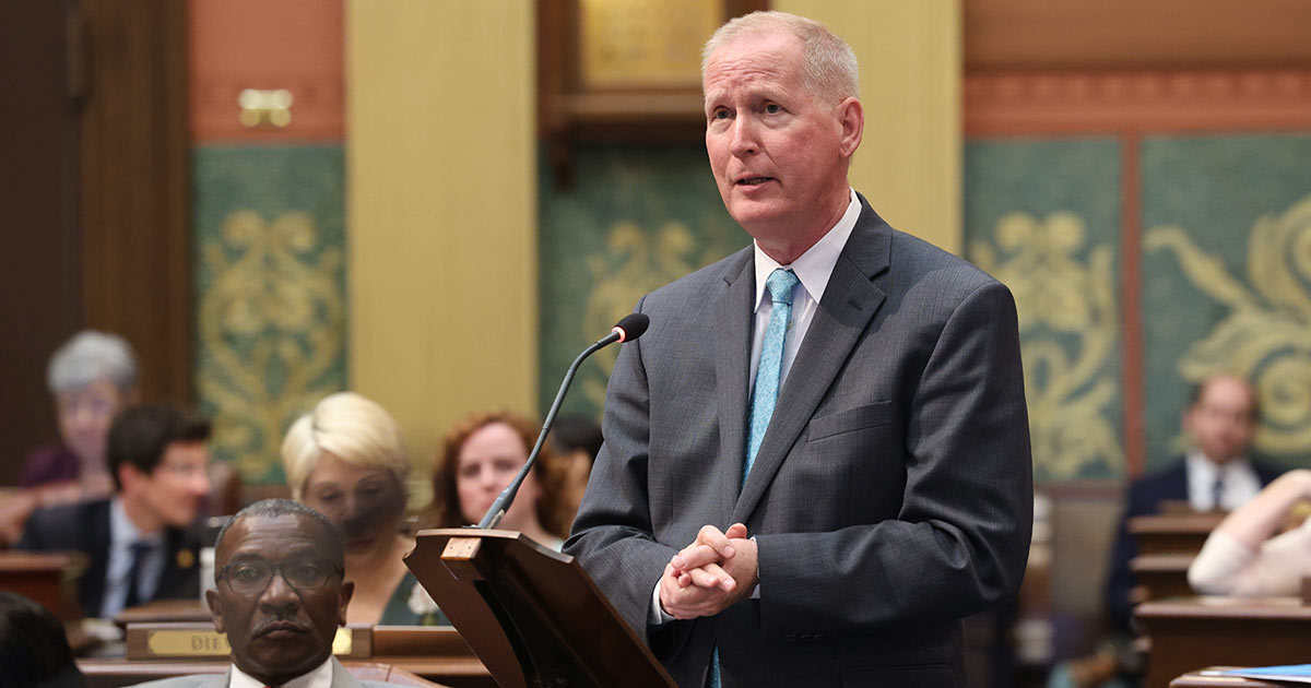 State Rep. Jim Haadsma speaks on the budget at the Michigan Capitol on Wednesday, May 10, 2023.
