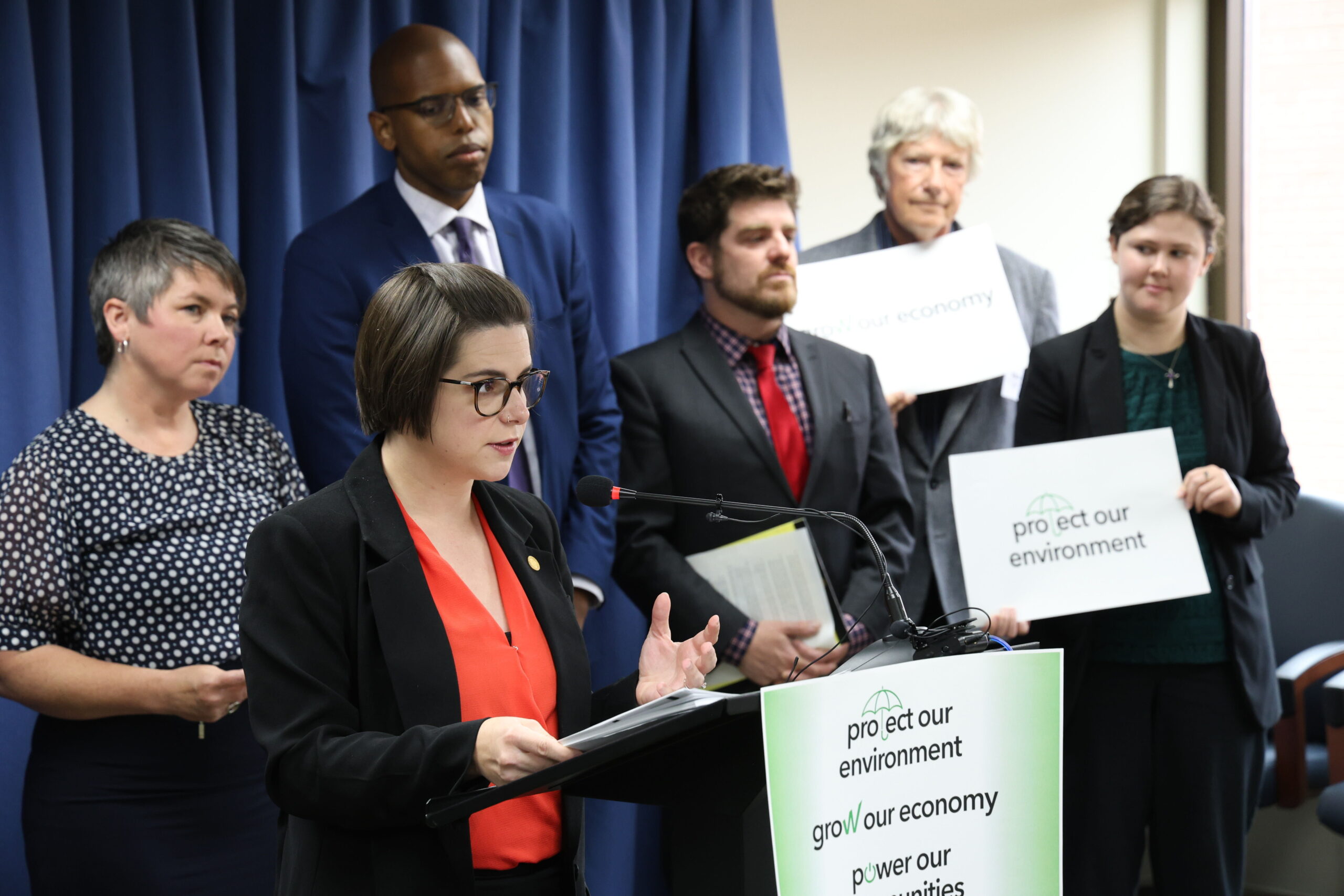 Speaker Pro Tem Laurie Pohutsky (D-Livonia) speaks at a press conference announcing bills to increase Michigan's clean energy generation on June 14, 2023, at the House Office Building in Lansing.