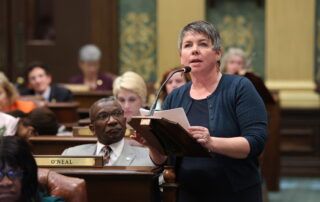 State Rep. Betsy Coffia (D-Traverse City) speaks on the House floor at the state Capitol in Lansing.