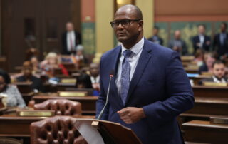 State Rep. Joe Tate (D-Detroit) addresses the chamber before the passage of the 2023-24 state budget on Wednesday, June 28, 2023 at the state Capitol in Lansing.