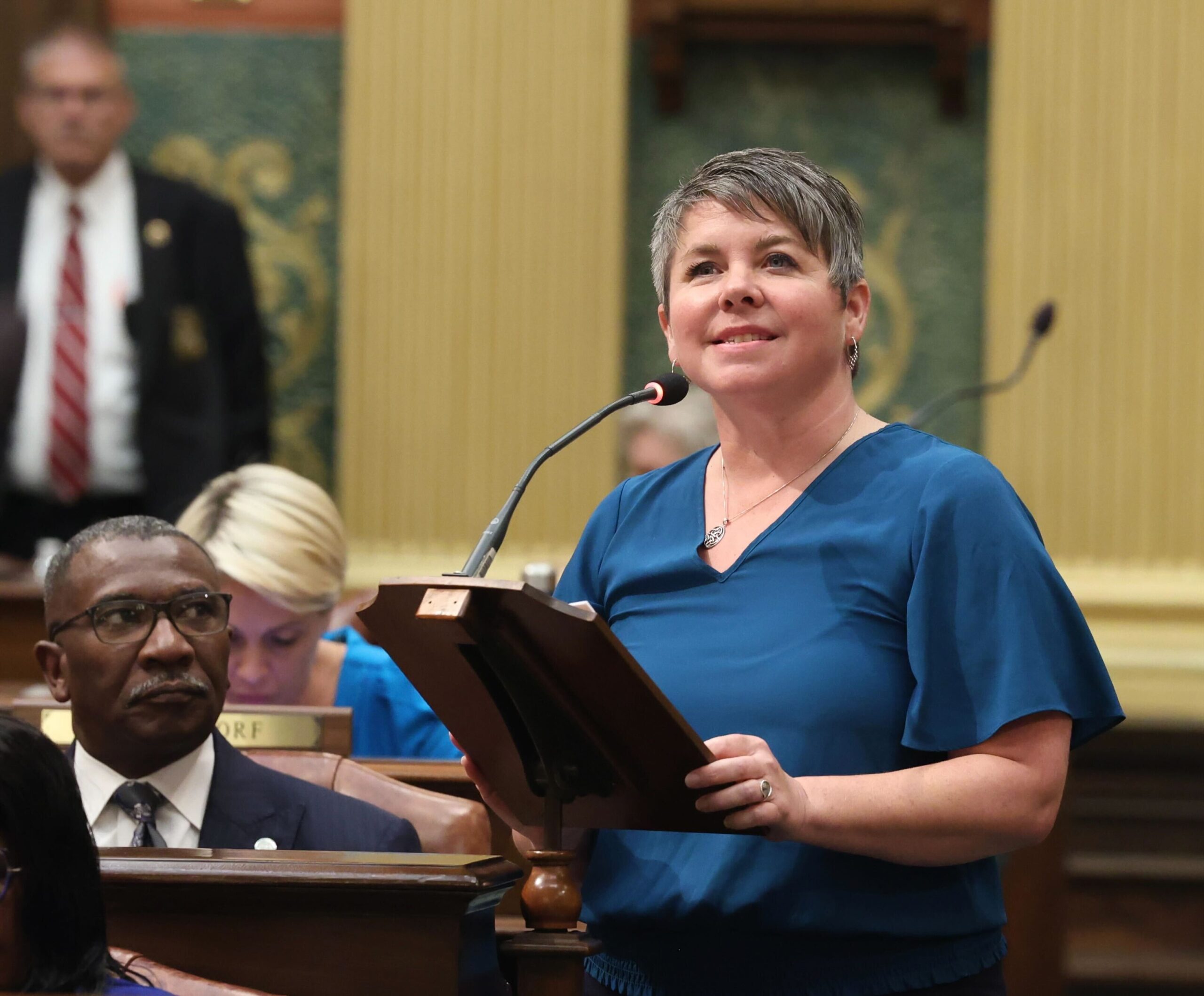 State Rep. Betsy Coffia (D-Traverse City) speaks in support of the budget on Wednesday, June 28, 2023 at the state Capitol in Lansing.