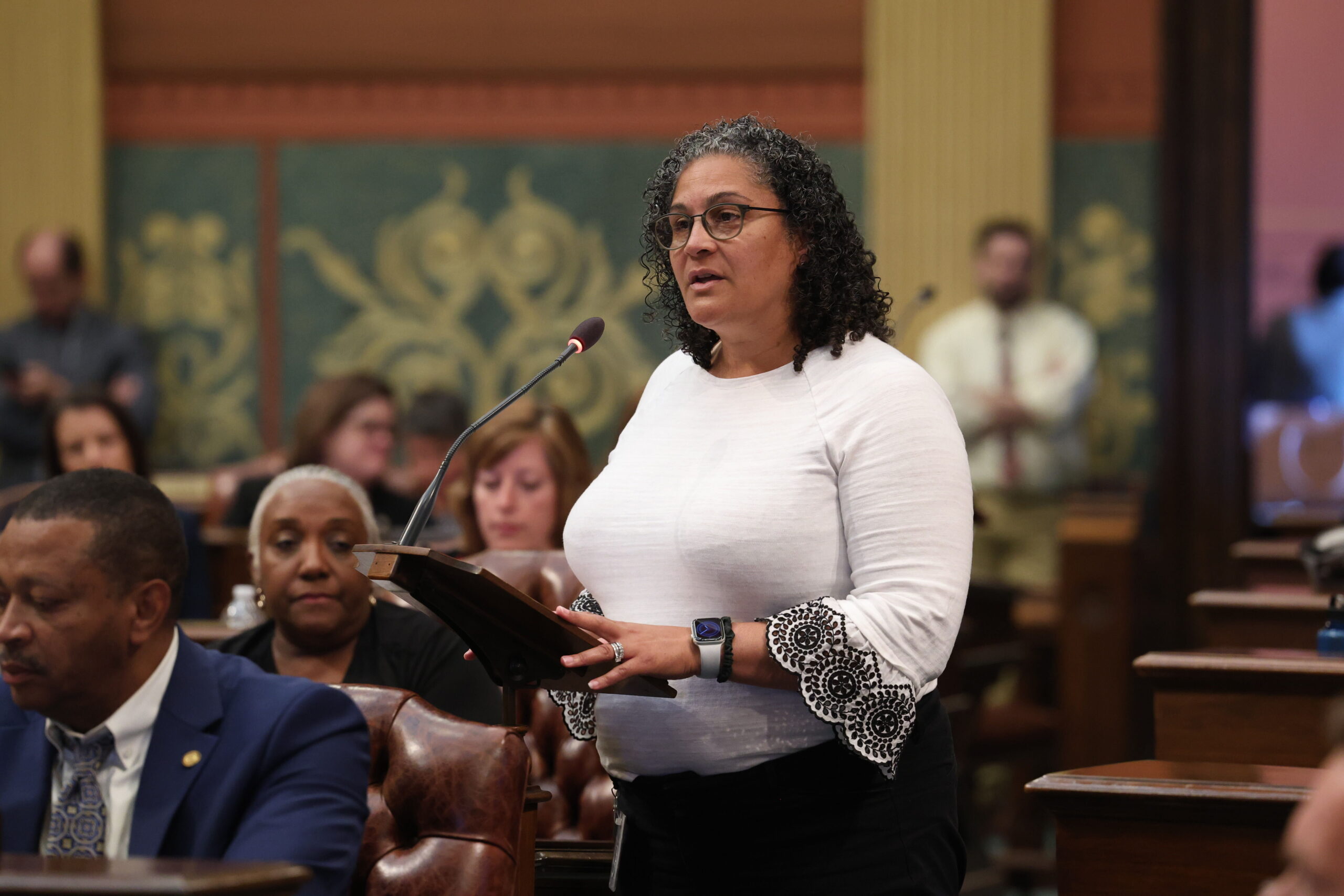 State Rep. Felicia Brabec addresses the House floor on June 14, 2023, at the Michigan State Capitol in Lansing, Michigan.