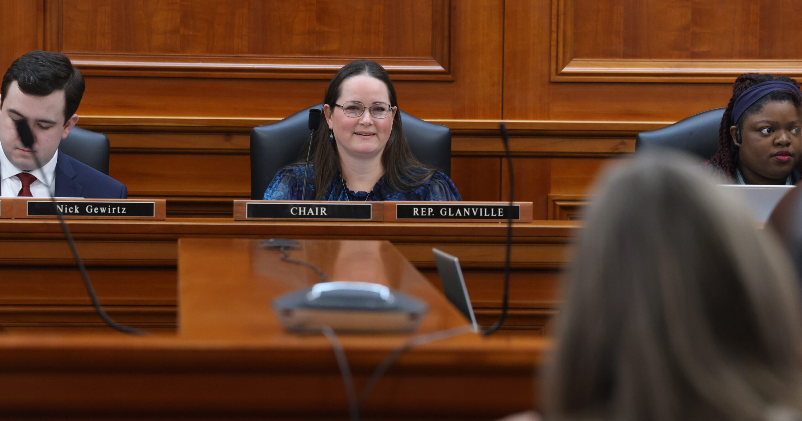 Michigan State Representative Carrie Rheingans Sits in committee smiling