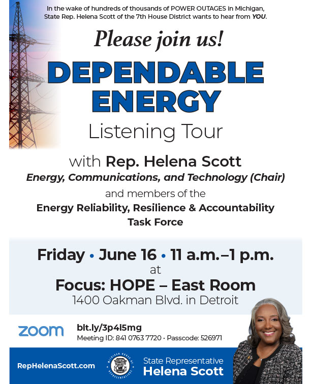 Listening tour graphic for Rep. Helena Scott Friday June 16 11 AM-1 PM