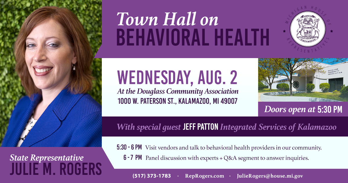 Rep. Julie Rogers will host a behavioral health town hall on August 2nd.