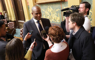 Michigan Speaker of the House Joe Tate speaks to reporters on the House floor in February 2023.