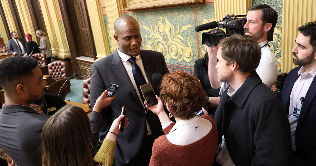 Michigan Speaker of the House Joe Tate speaks to reporters on the House floor in February 2023.