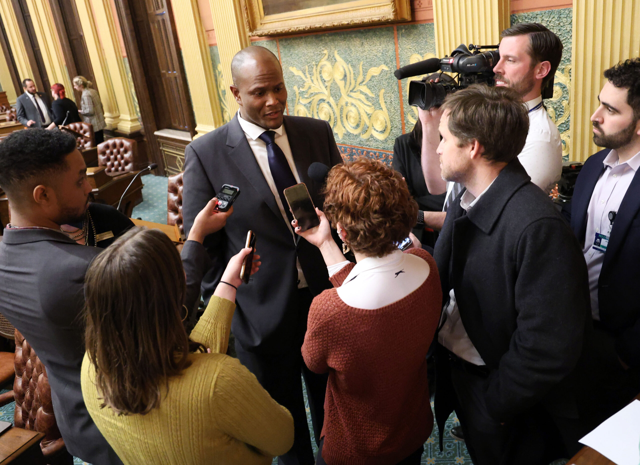 Michigan Speaker of the House Joe Tate speaks to reporters on the House floor in February 2023.