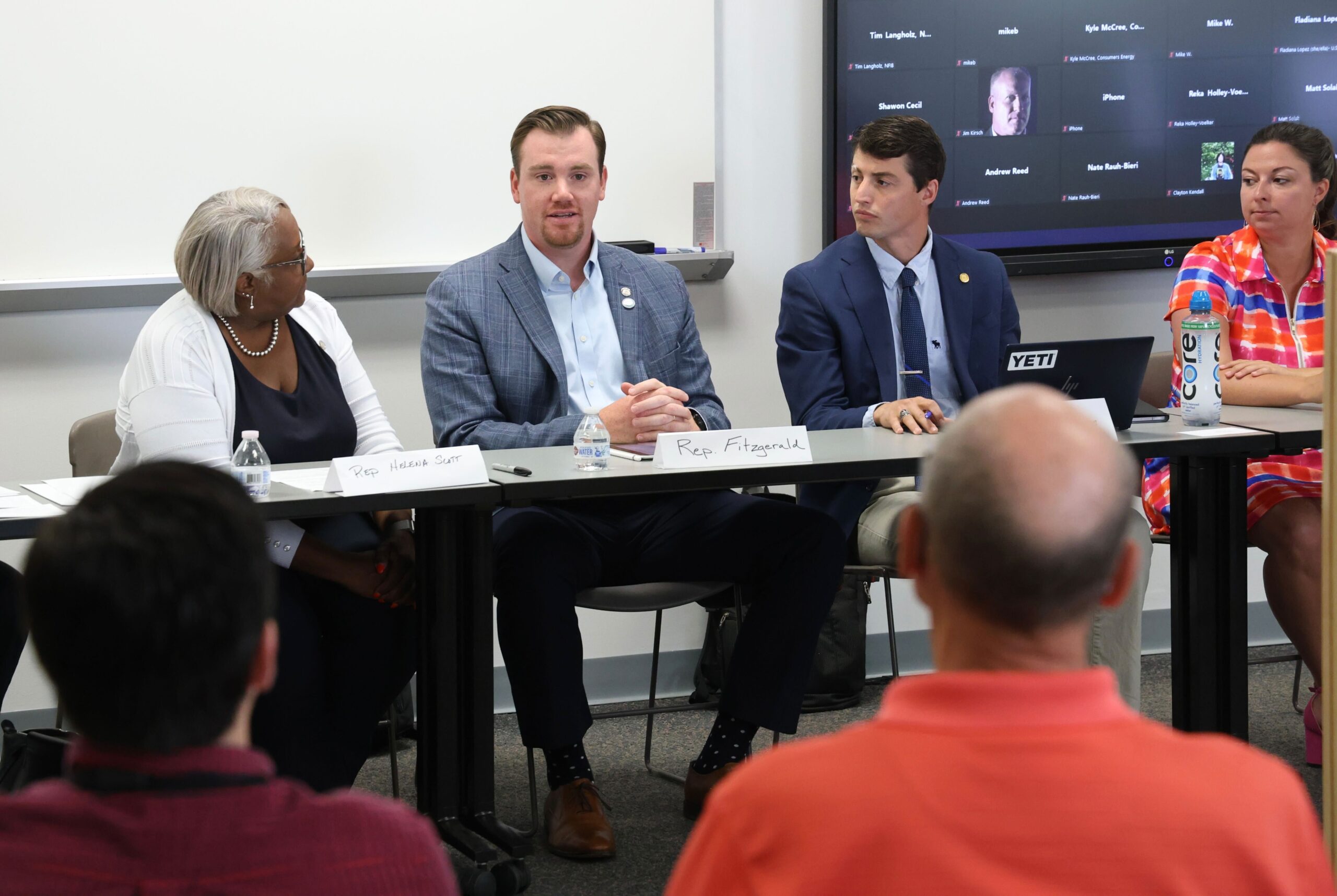 State Rep. John Fitzgerald (D-Wyoming), second from left, speaks at the meeting of the Energy Reliability, Resilience and Affordability Task Force listening tour on Wednesday, Aug. 9, 2023at the M-TEC Center of Grand Rapids Community College.