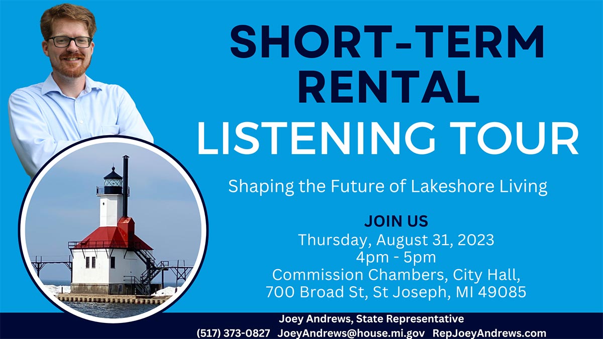 Rep. Andrews' short term renting crisis listening tour graphic with the following information