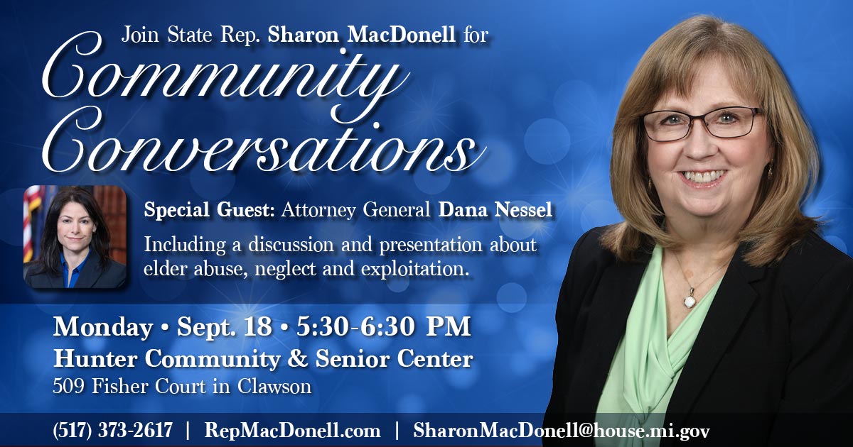Rep. MacDonell's Community Conversations graphic with the following information