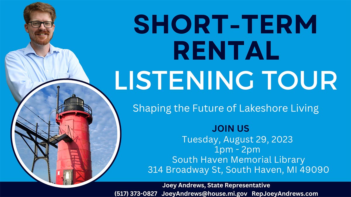 Rep. Andrews' short term renting crisis listening tour graphic with the following information