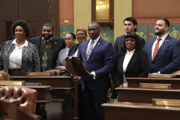 State Rep. Amos O’Neal (D-Saginaw) introduces his White Shirt Day resolution commemorating the 83rd anniversary of the Flint Sit-Down Strike at the Michigan Capitol on Feb. 9, 2023.