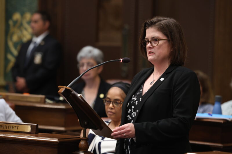 State Rep. Kara Hope (D-Holt) speaks in favor of legislation to ban child marriage in Michigan on the House floor in June.