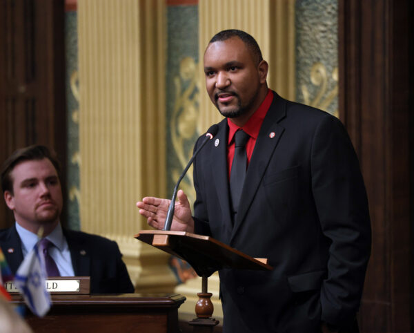 State Rep. Jimmie Wilson, Jr. (D-Ypsilanti) delivers a speech on the House floor in support of repealing anti-worker "right-to-work" laws.