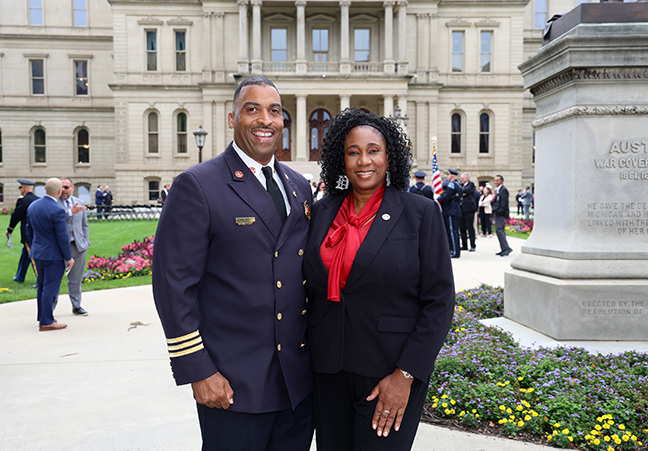 Detroit Fire Chief James Harris joined state Rep. Stephanie A. Young (D-Detroit) for the annual 9/11 Memorial ceremony at the Capitol on September 7, 2023.