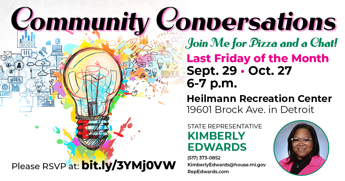 Infographic with details about Rep. Edwards' Community Conversation event on Friday, Sept. 29