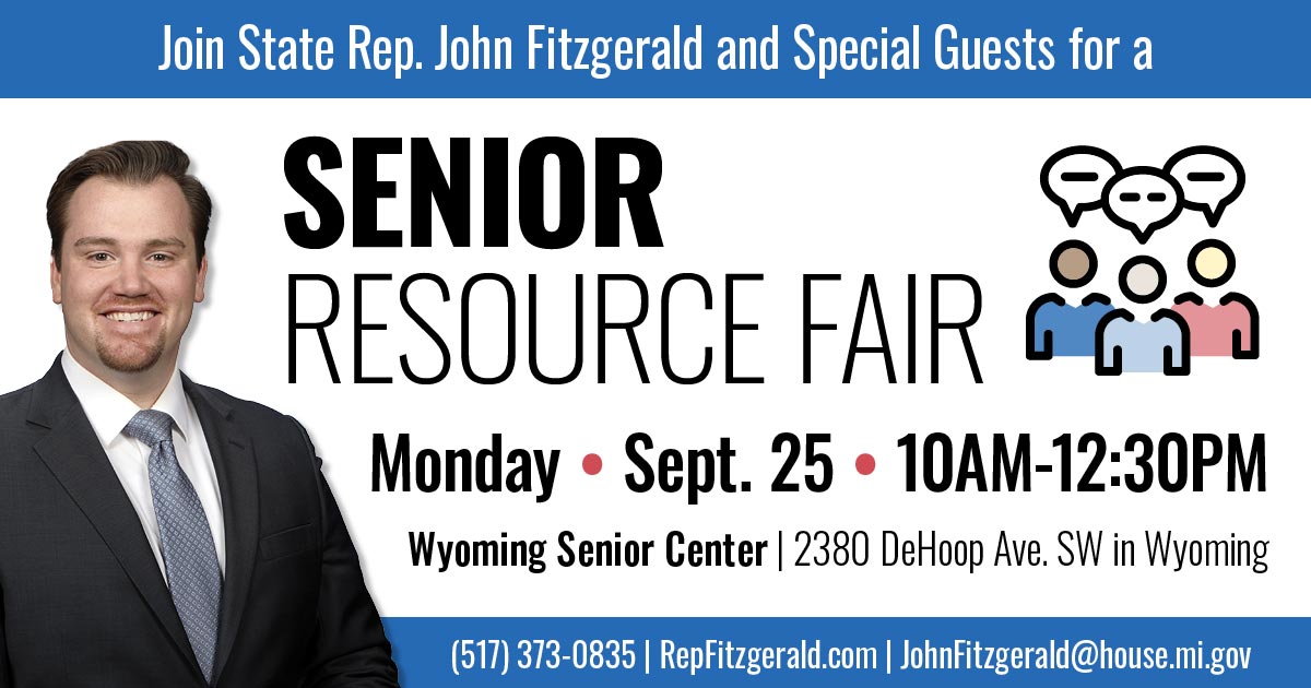 Senior Resource Fair with Rep. John Fitzgerald graphic with the following information