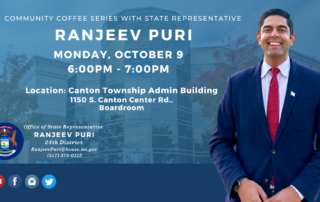 Infographic with information about Rep. Puri's October 9 coffee hour.