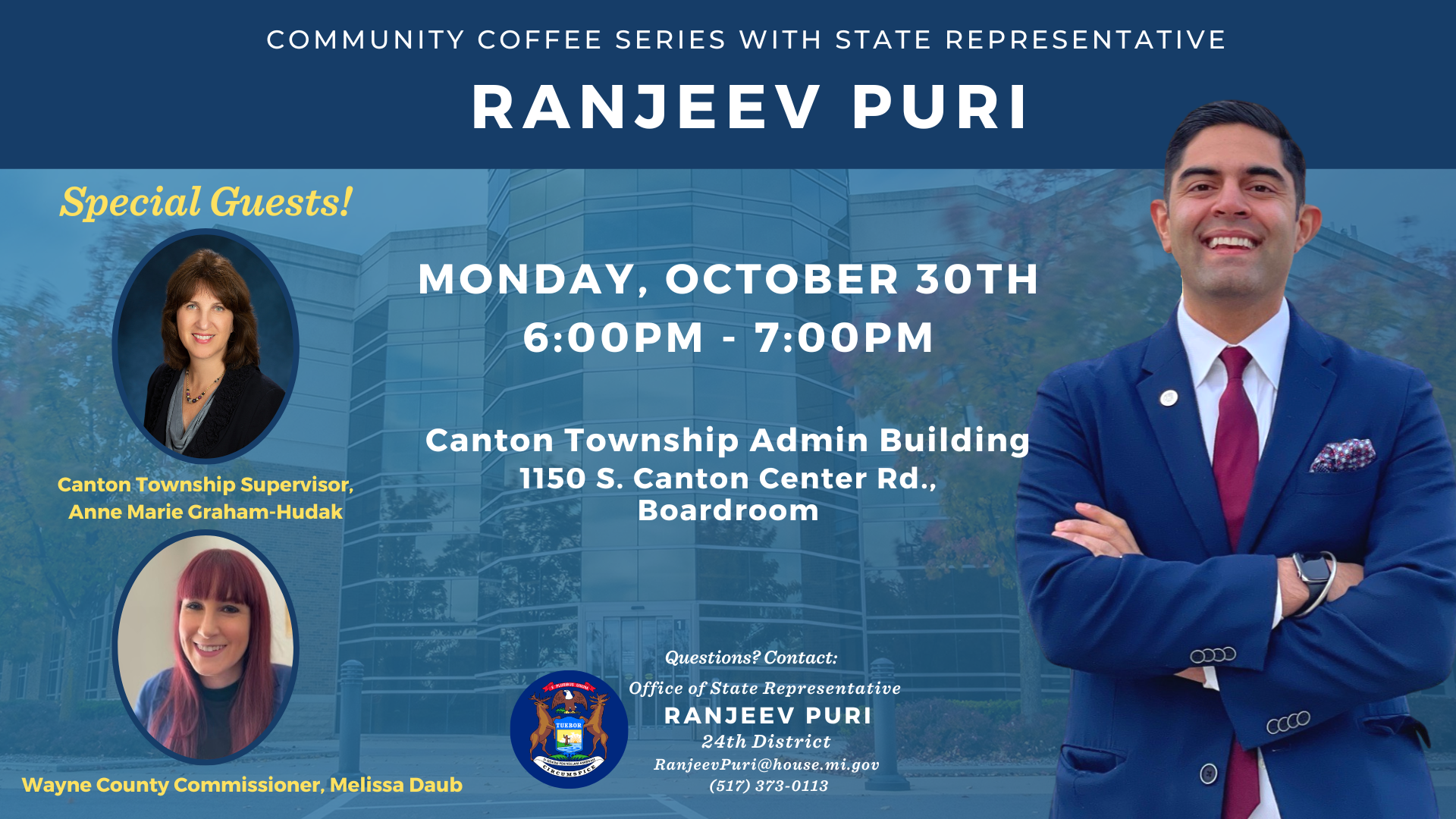 Infographic with information about Rep. Puri's October 30 coffee hour.
