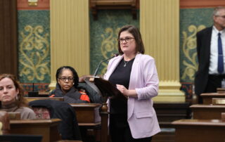 State Rep. Kara Hope (D-Holt) speaks to the criminal justice reform package on the House Floor in Lansing on Oct. 17, 2023.