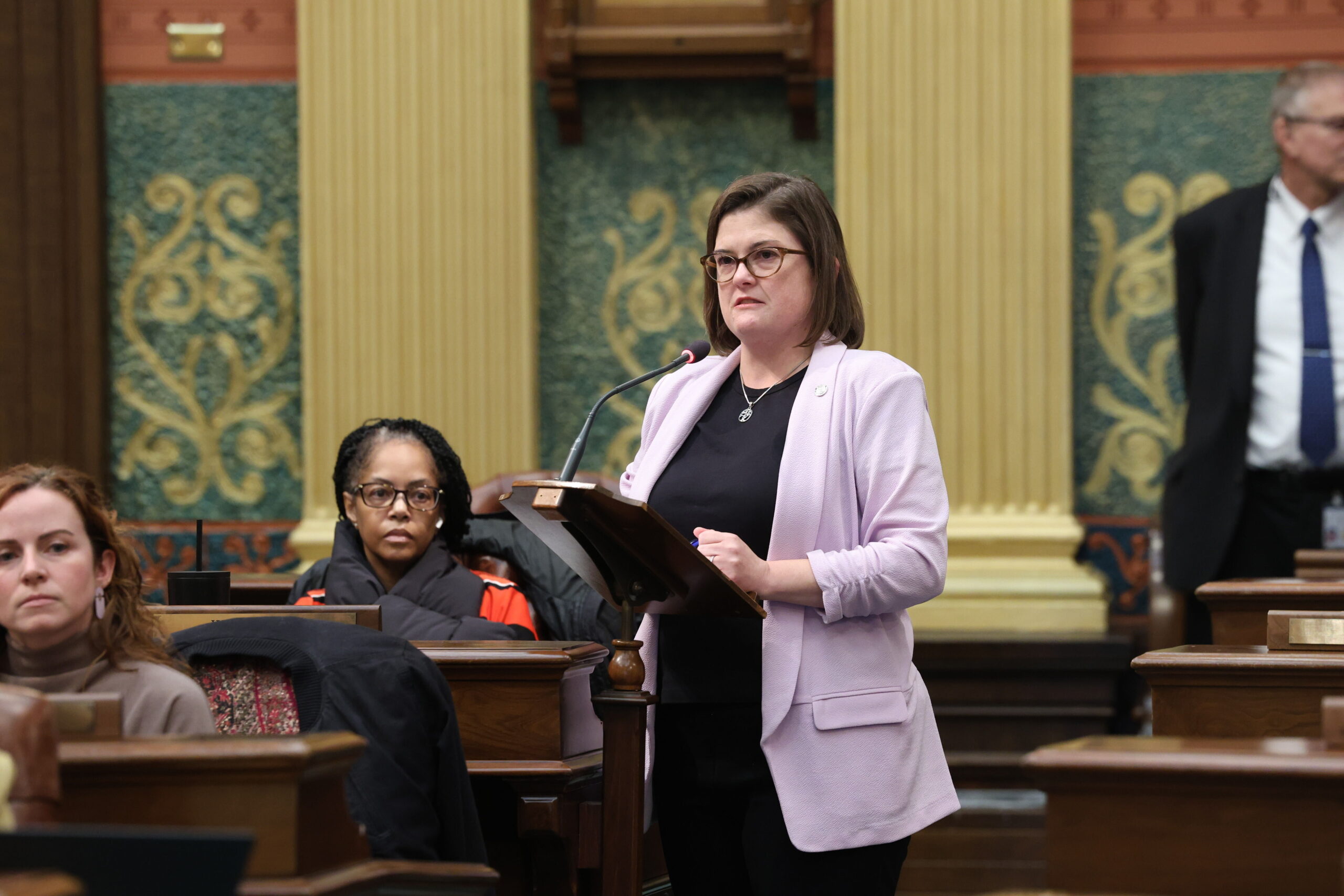 State Rep. Kara Hope (D-Holt) speaks to the criminal justice reform package on the House Floor in Lansing on Oct. 17, 2023.