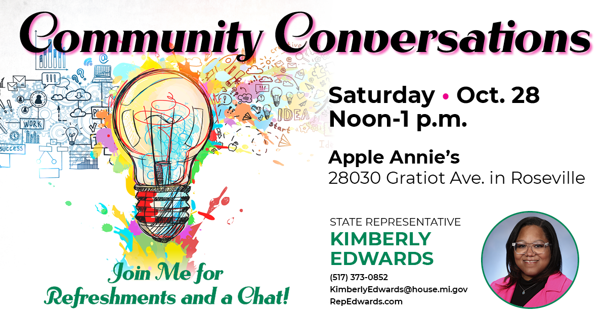 Infographic with information about Rep. Edwards' community conversation at Apple Annie's. 