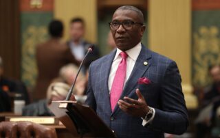 State Rep. Amos O’Neal (D-Saginaw) delivers a speech to the House chamber on Wednesday, Nov. 1, 2023, at the state Capitol in Lansing.