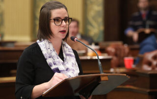 Speaker Pro Tem Laurie Pohutsky (D-Livonia) delivers a speech on her bill Wednesday, Nov. 1, 2023, at the Michigan Capitol.