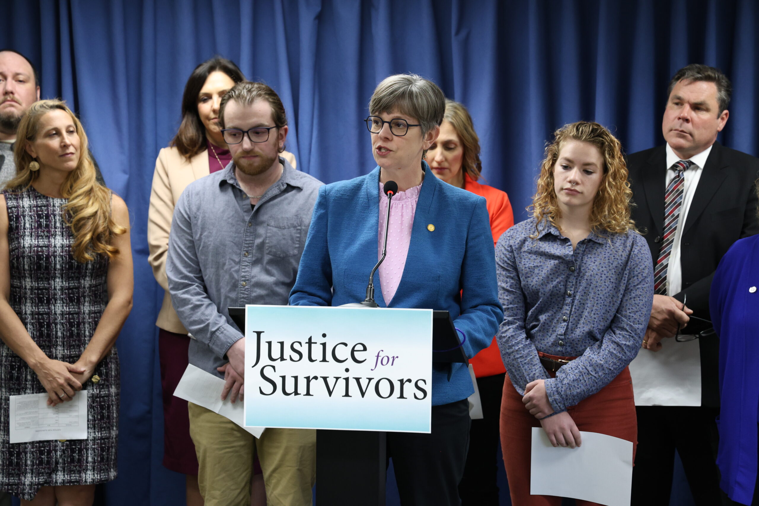 Rep. Julie Brixie (D-Meridian Township) speaks at the Justice for Survivors press conference on Thursday, April 27, 2023.