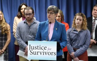 Rep. Julie Brixie (D-Meridian Township) speaks at the Justice for Survivors press conference on Thursday, April 27, 2023.